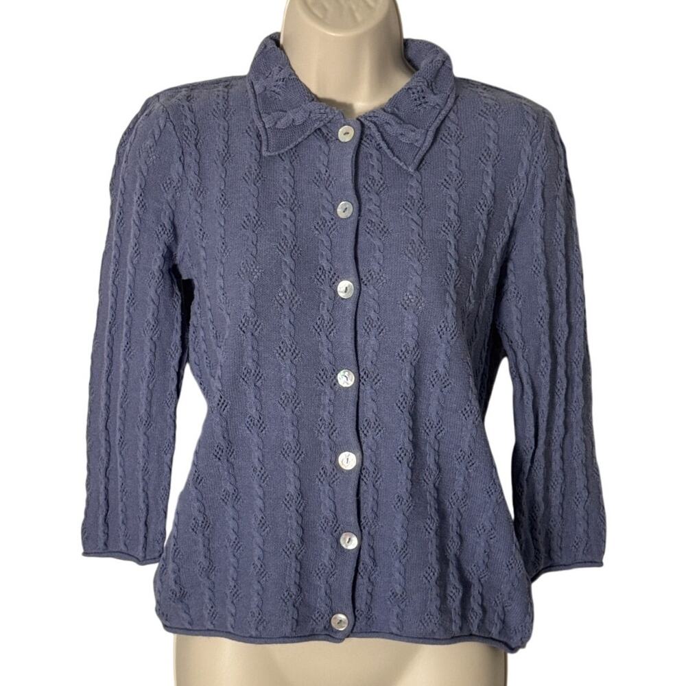 Boden Silk And Cotton Pointelle and Cable Knit Cardigan Sweater Purple Blue Sz 8
